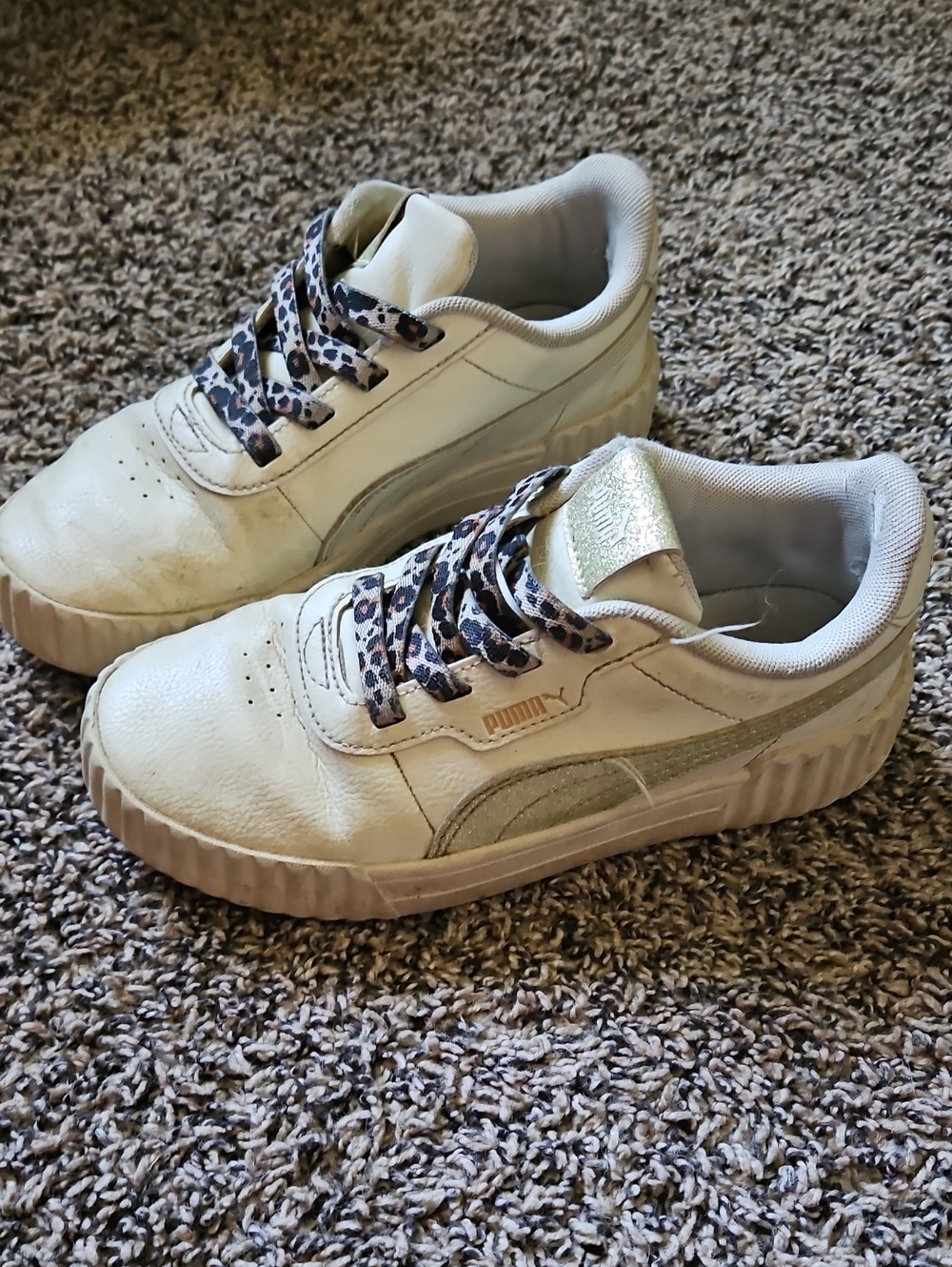 Puma Kids White Sneakers with Leopard Print Laces and Metallic Accent